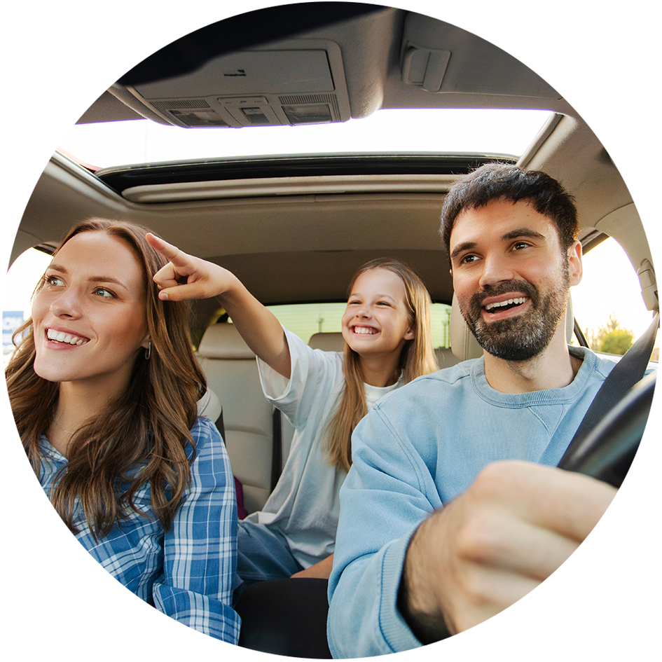 3 people riding in vehicle